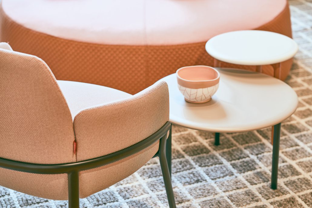 Poppy lounge basket base with Openest Sprig Tables and Openest Chick Pouf